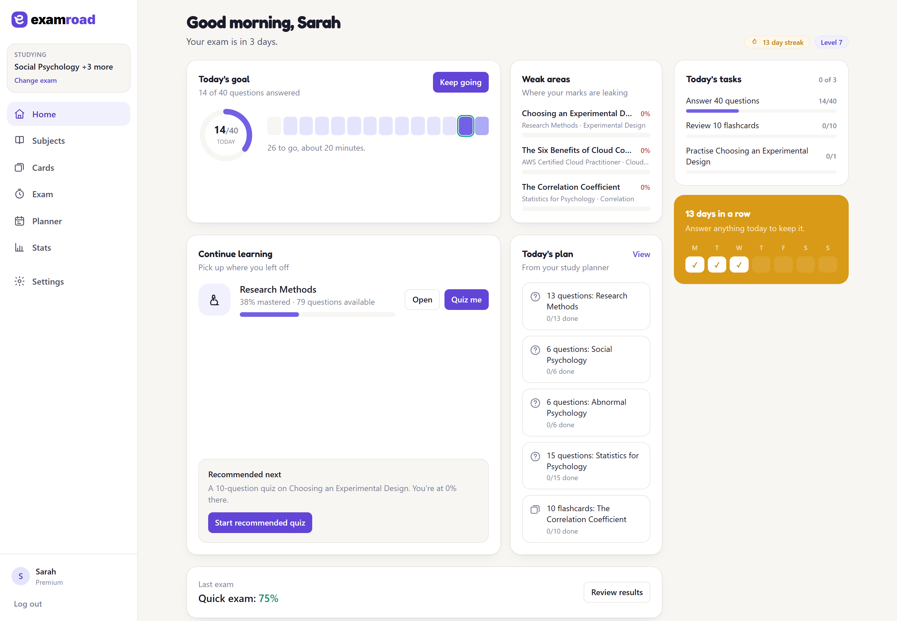The ExamRoad dashboard showing a 12 day streak, today's goal of 40 questions, weak areas, today's tasks and the day's study plan.