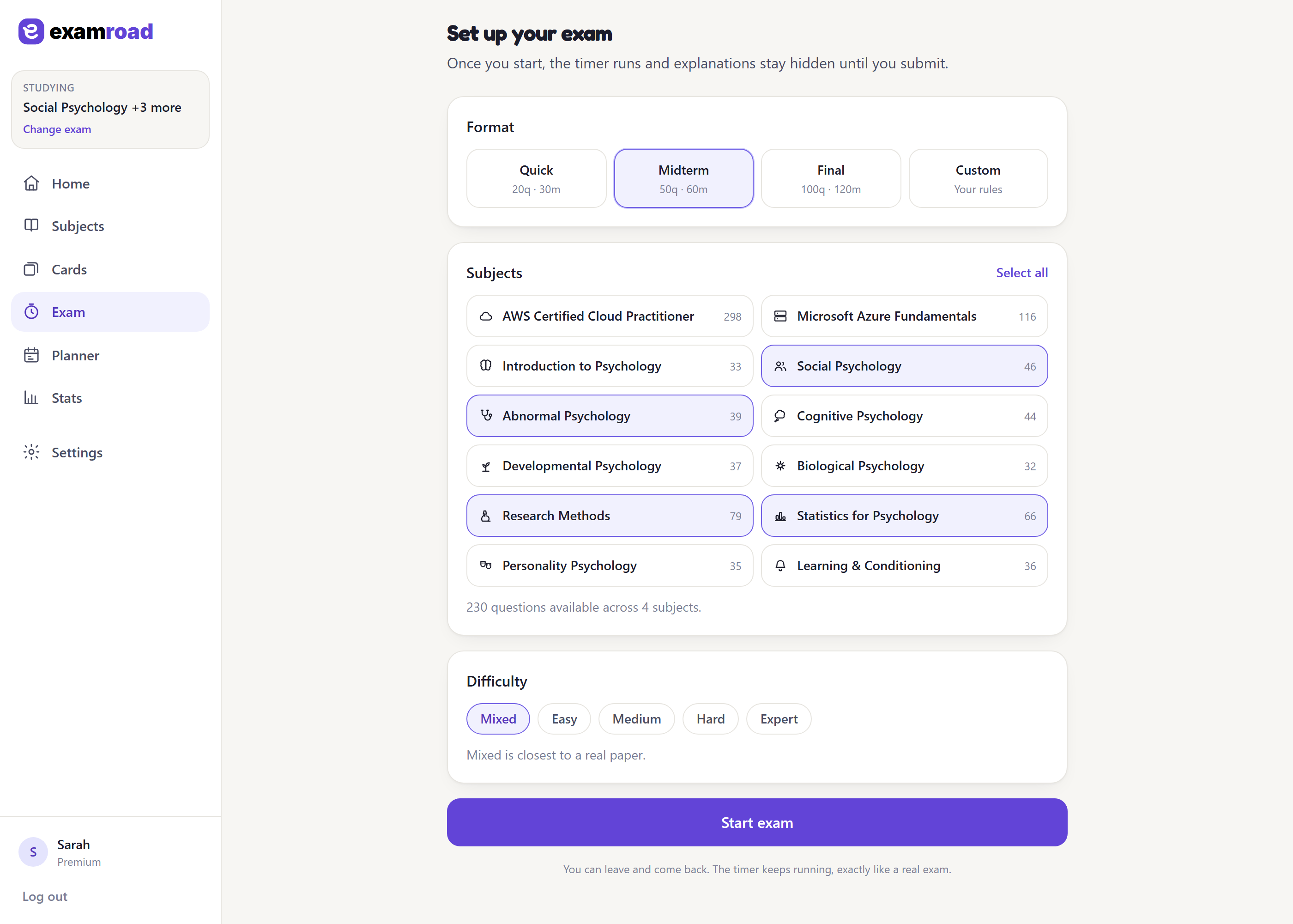 The exam setup screen offering 20, 50 and 100 question papers, a subject picker listing every exam on the site, and a difficulty selector.