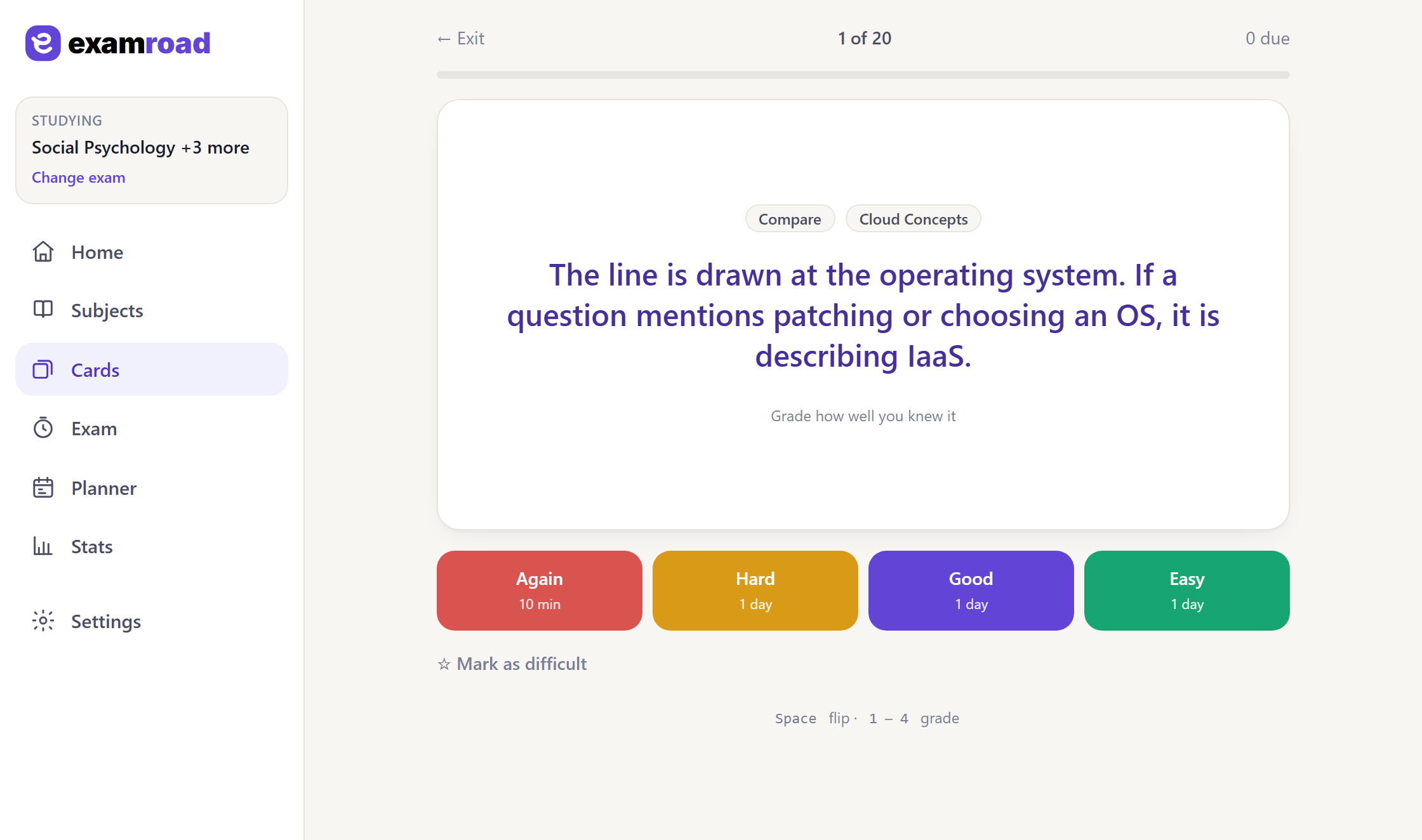 An AWS flashcard flipped to reveal the answer, with Again, Hard, Good and Easy grading buttons.