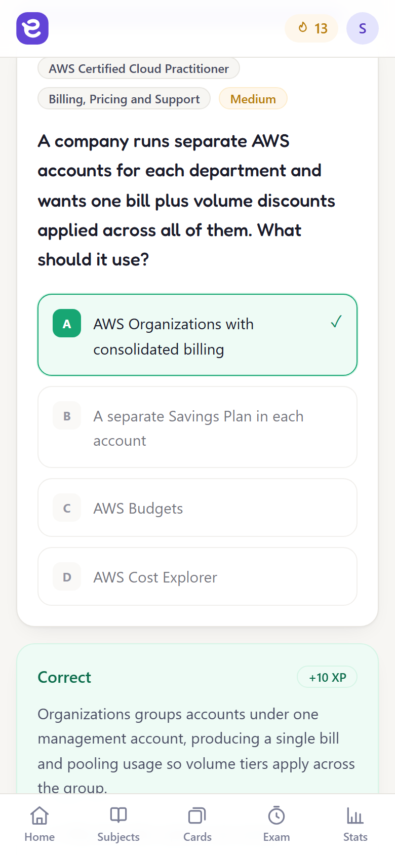 ExamRoad running on a phone, showing an AWS question with its explanation.
