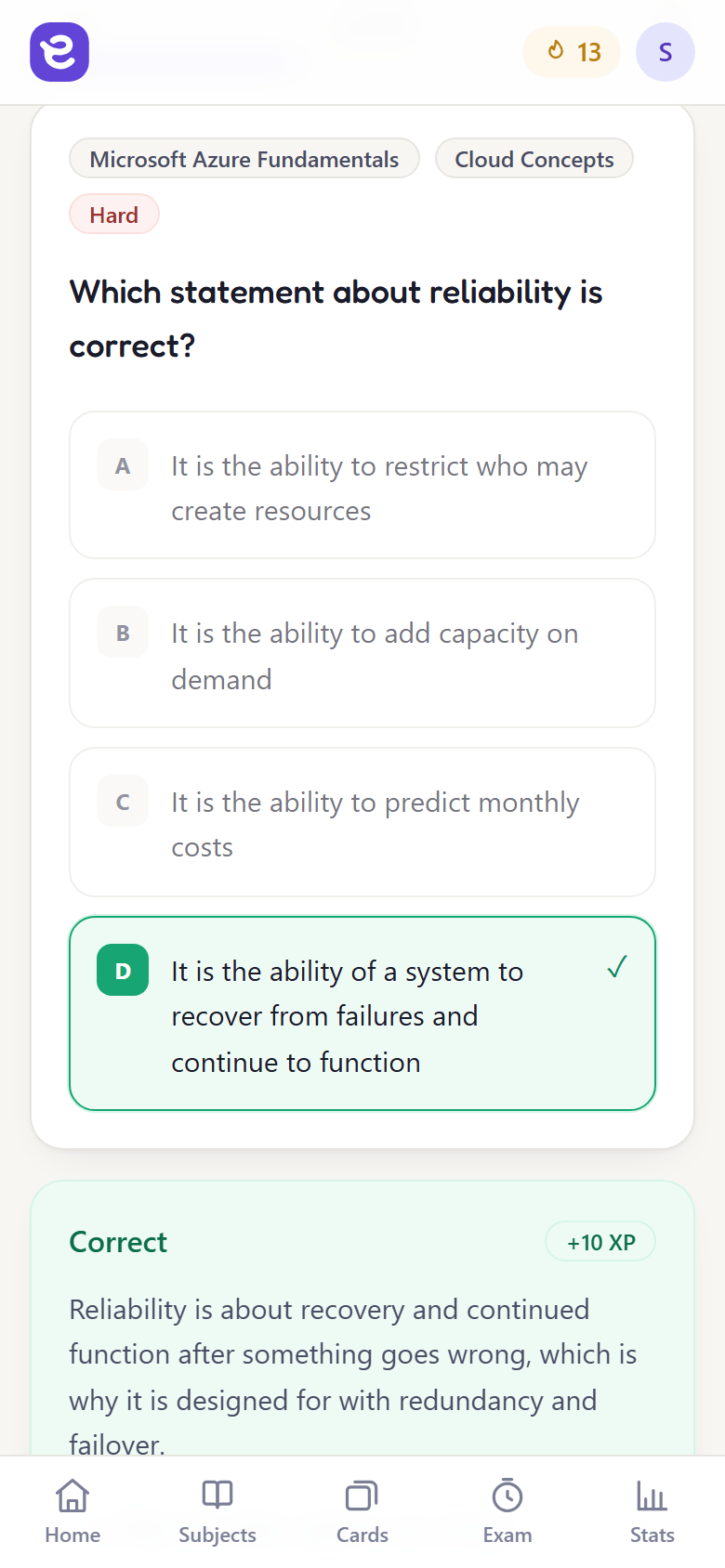 ExamRoad running on a phone, showing an Azure question with its explanation.