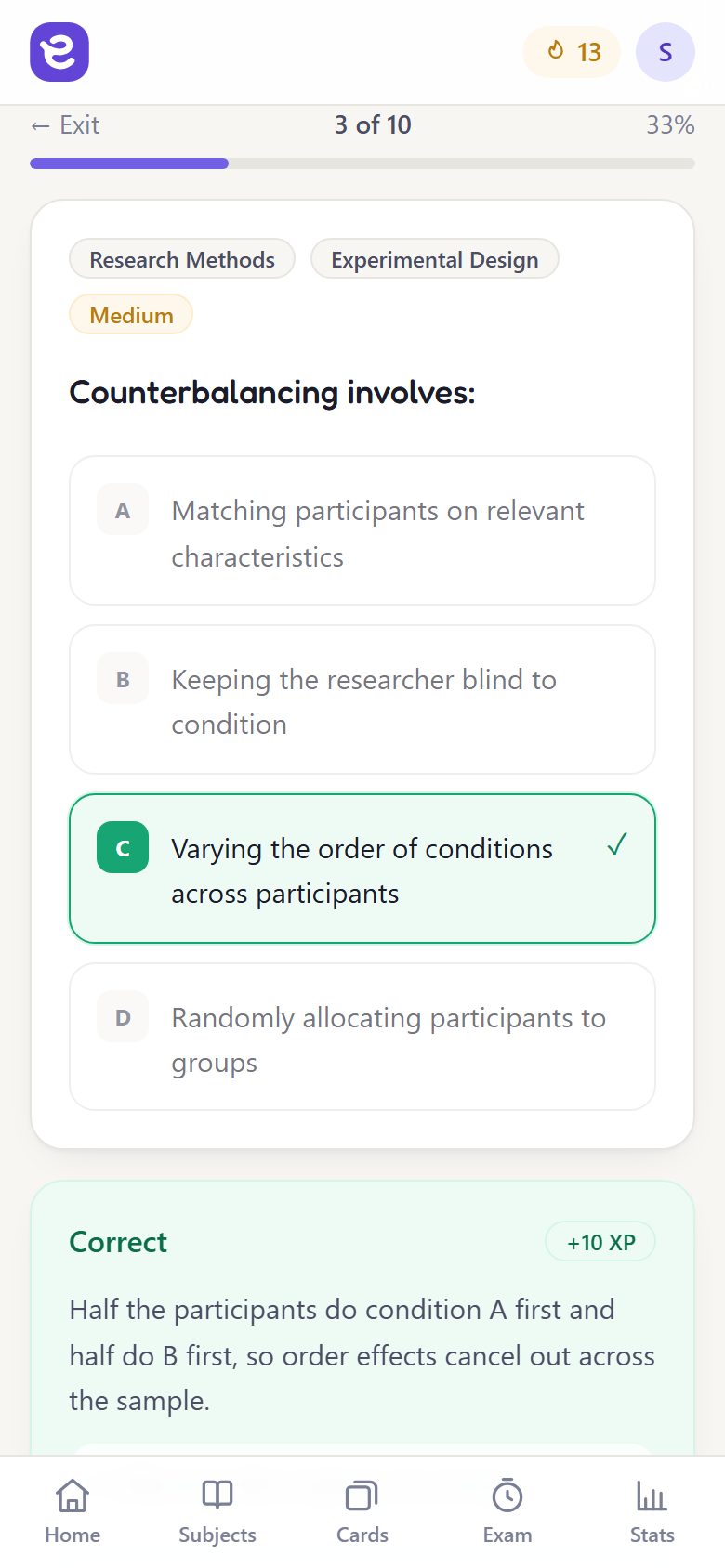 ExamRoad running on a phone, showing a research methods question with its explanation.