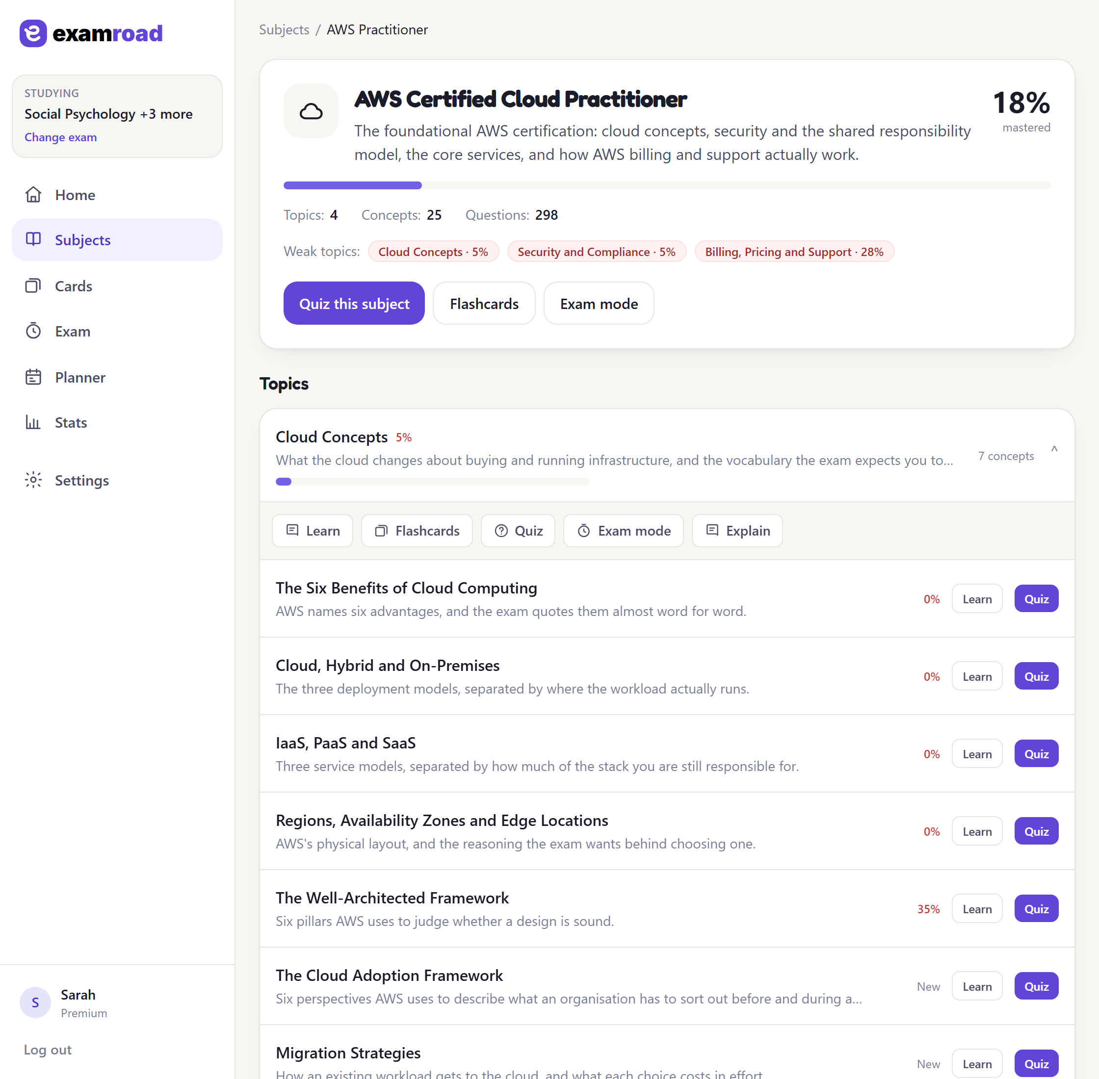 The AWS Cloud Practitioner subject page listing the four exam domains with progress against each.